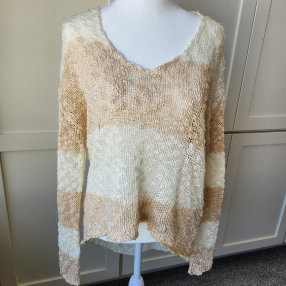 lovestitch Sweaters - Lovestitch Loose Knit Open Weave Sweater Tan Ivory Stripe Long Sleeve Medium